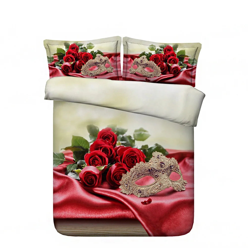 Conjunto de Cama de Luxo 4 Peças Rosas Vermelhas