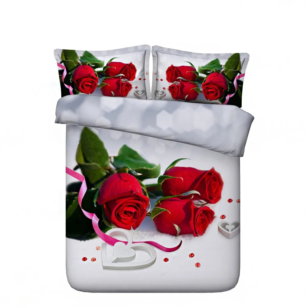 Conjunto de Cama de Luxo 4 Peças Rosas Vermelhas
