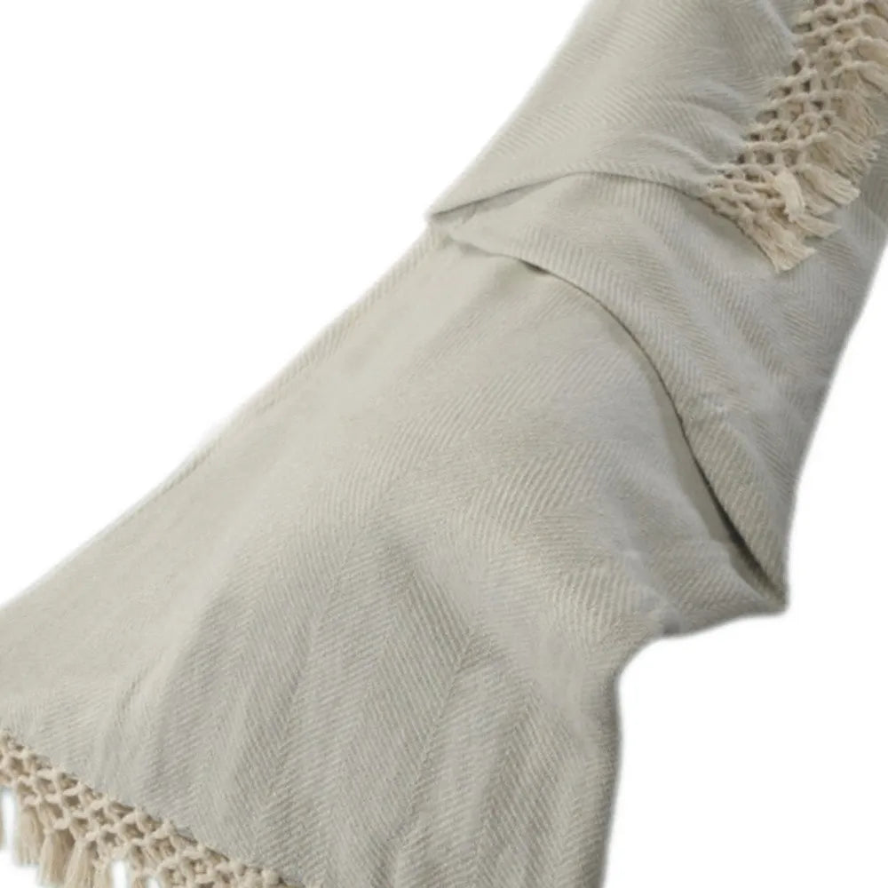 HMS 50\" X 60\" Gray Woven Cotton Herringbone Throw Blanket with Tassels