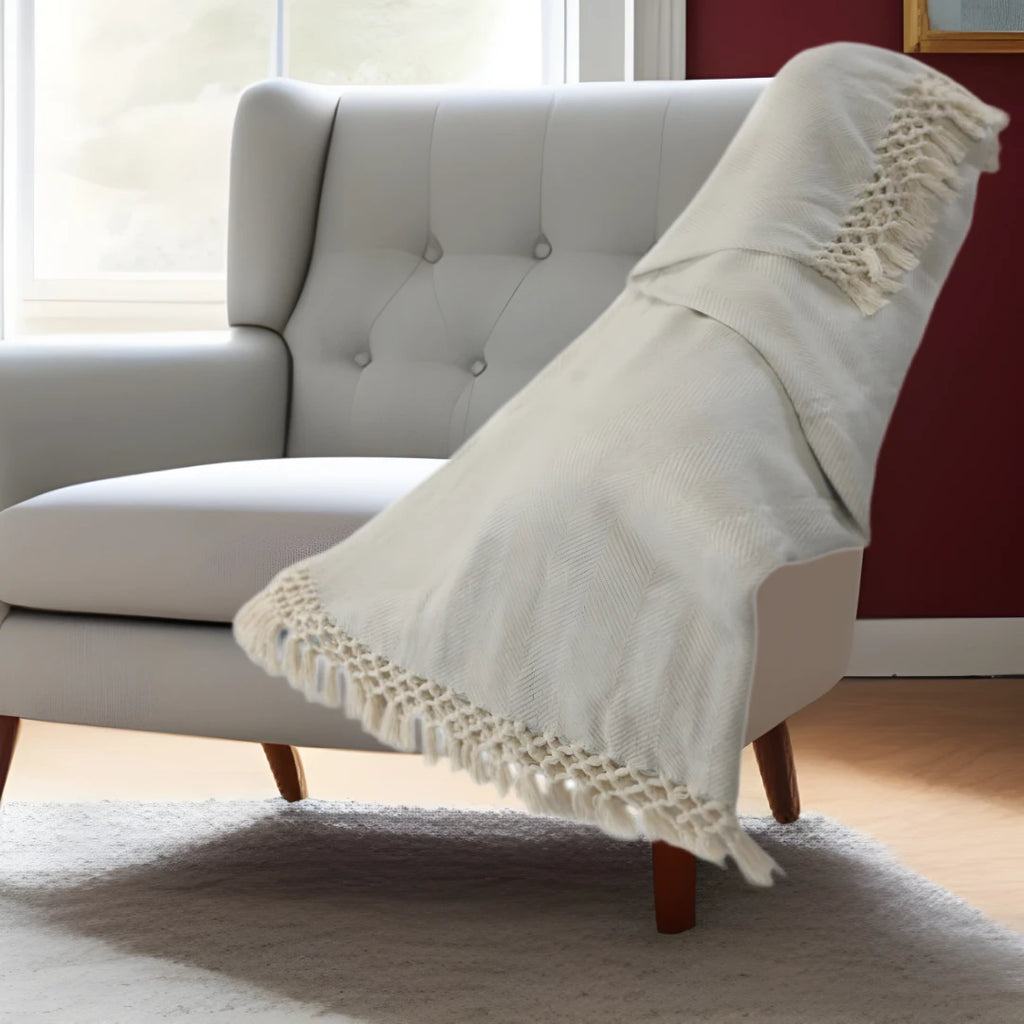 HMS 50\" X 60\" Gray Woven Cotton Herringbone Throw Blanket with Tassels
