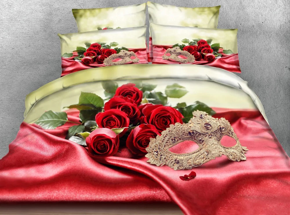 Conjunto de Cama de Luxo 4 Peças Rosas Vermelhas