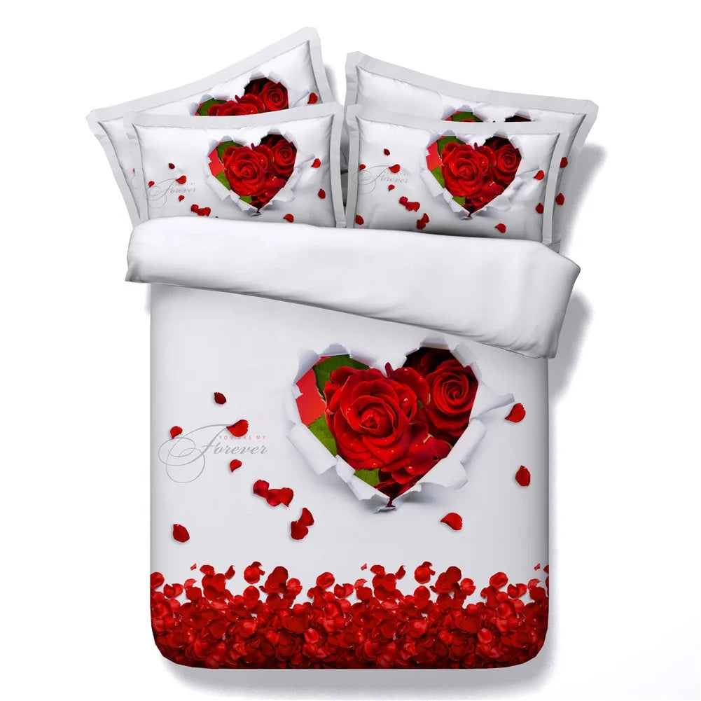 Conjunto de Cama de Luxo 4 Peças Rosas Vermelhas