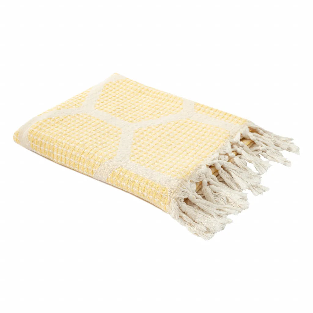 HMS 60\" X 50\" Blue and Off-White Woven Cotton Geometric Throw Blanket with Fringe Premium Product Category