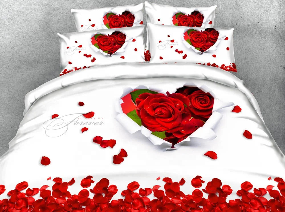 Conjunto de Cama de Luxo 4 Peças Rosas Vermelhas