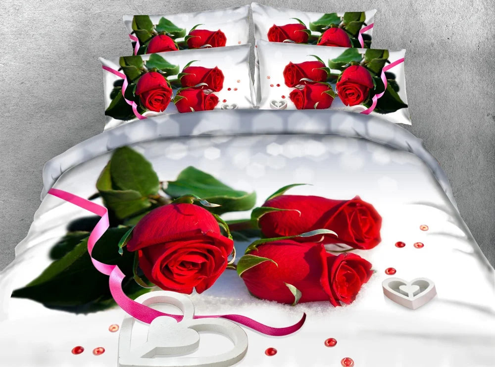 Conjunto de Cama de Luxo 4 Peças Rosas Vermelhas