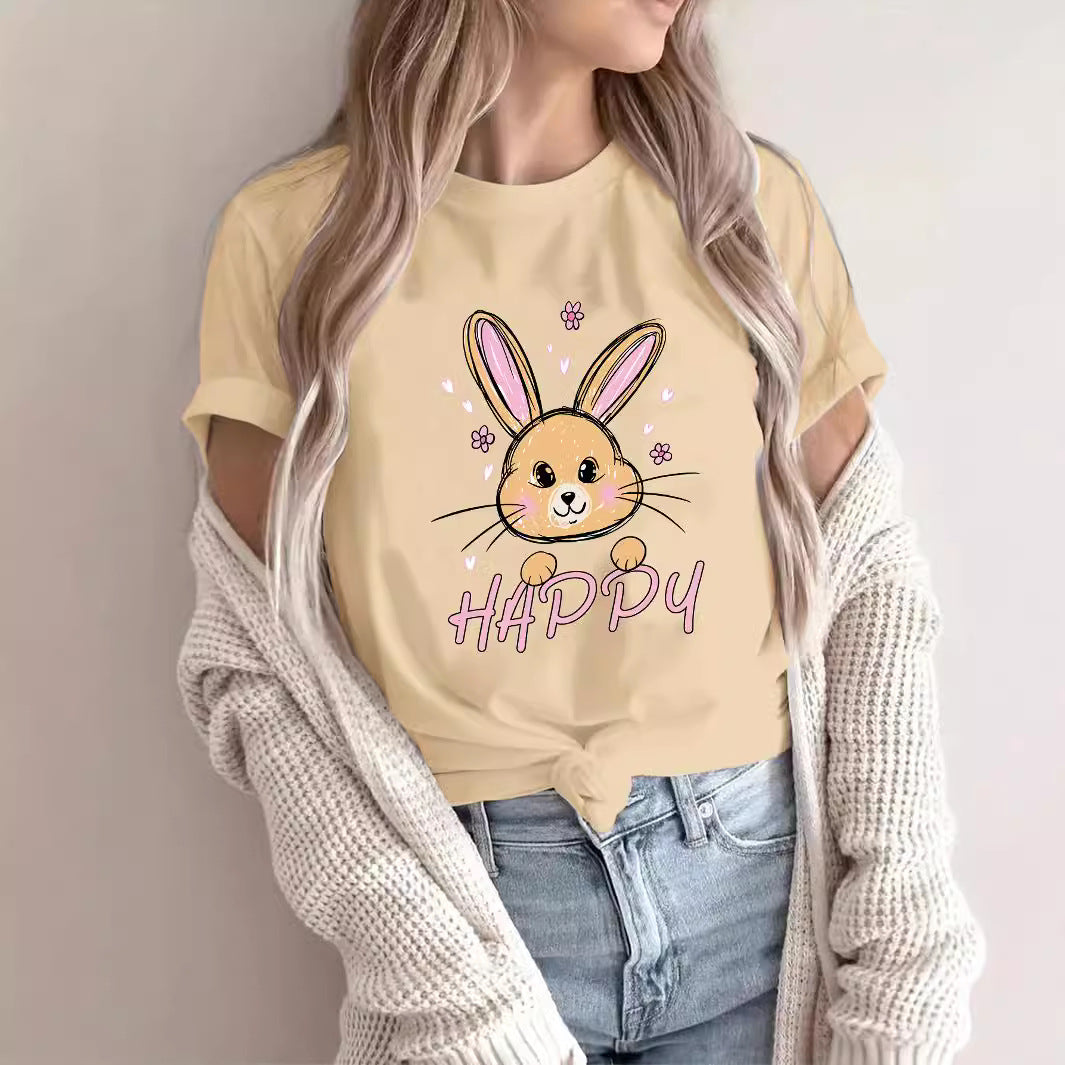 Fashion Joker Shoulder Short-sleeved T-shirt Rabbit Print
