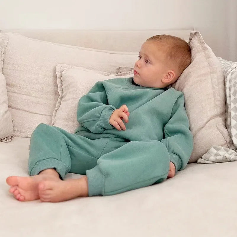 2025 Winter New Children Fleece Sports Set Boys Girls Plus Velvet Thick Sweatshirt + Sweat Pants 2pcs Suit Kids Warm Outfits