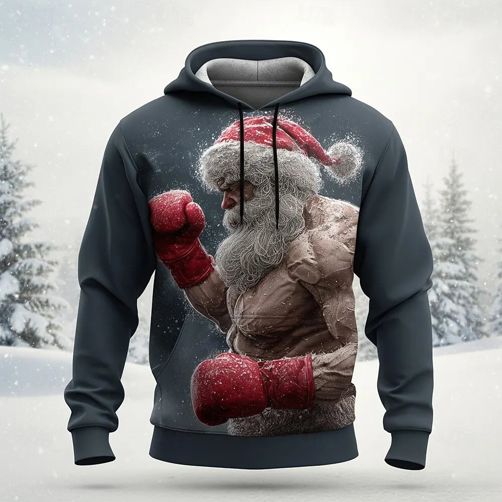 Christmas Men's Muscle Santa Claus Dark Hoodie Sweatshirt Fashion Casual Crew Neck Hooded Party Gift Drawstring Fall Winter
