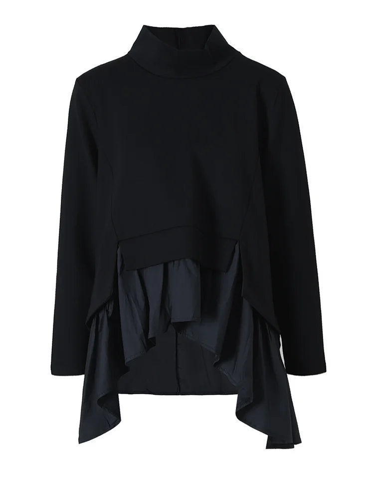 EAM Black Ruffles Irregular Sweatshirt Loose Fit New Turtleneck Long Sleeve Women Big Size Fashion Spring Autumn 2026 1A52901
