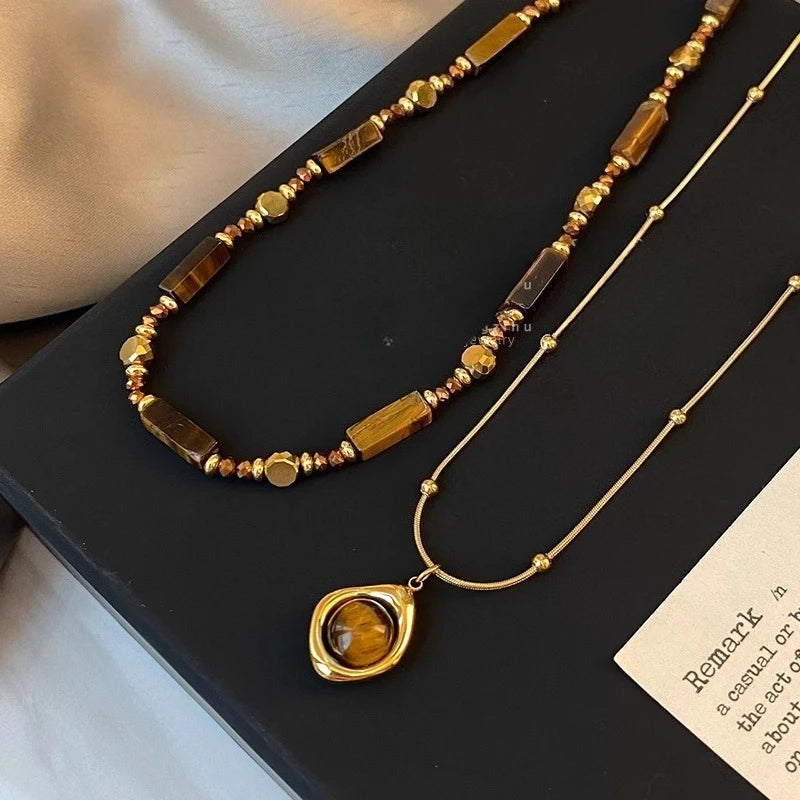 Colar Choker Olho de Tigre Camadas Retrô