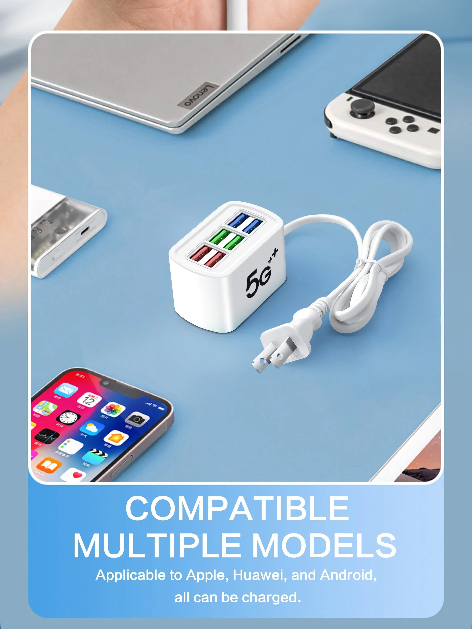 Carregador USB Rápido 6 em 1 com Cabo 1m