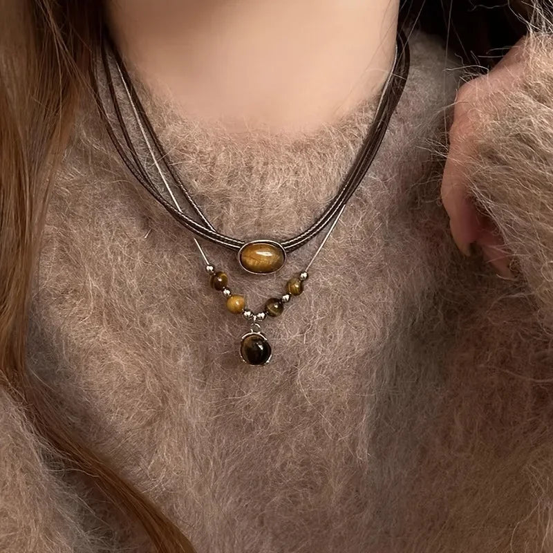 Colar Choker Olho de Tigre Camadas Retrô