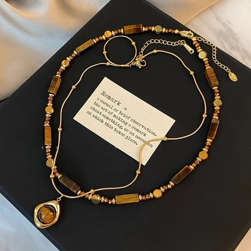 Colar Choker Olho de Tigre Camadas Retrô