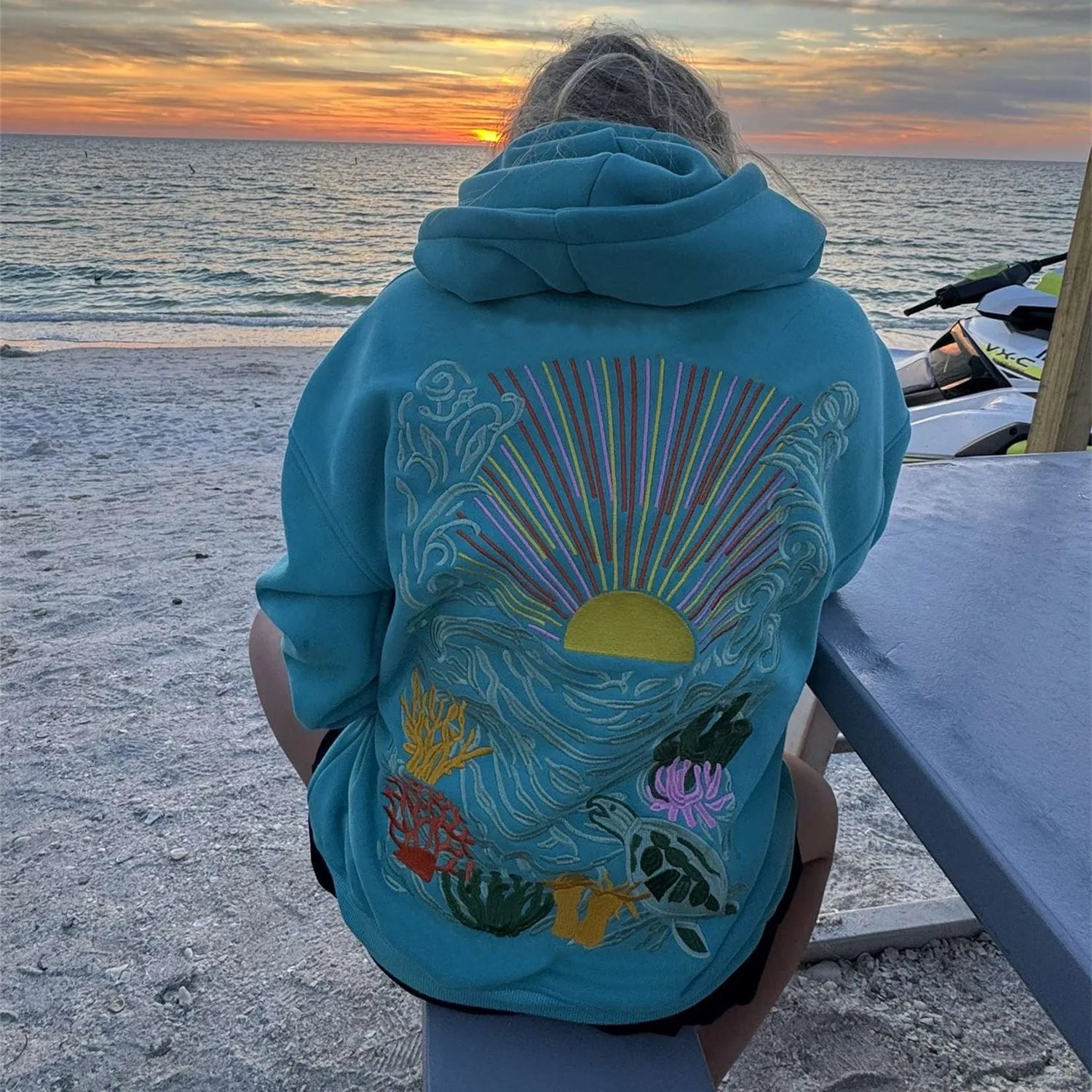 Women's Fall Winter Hoodies Stylish Sun Coral Embroidered Casual Loose Fit Long Sleeve Hooded Sweatshirt Y2K Streetwear