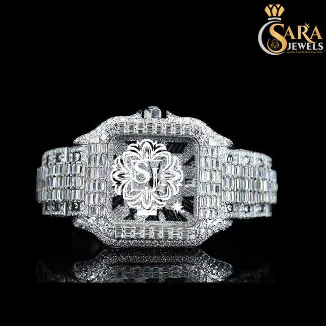 Luxo Quadrado Hip Hop Design Antigo Relógio Moldura Movimento de Quartzo Gelado VVS Clareza Moissanite Diamante Aço Inoxidável Caixa Vidro