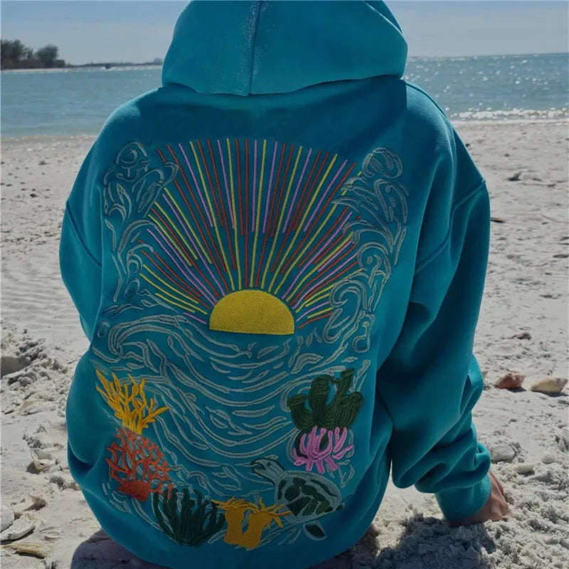 Women's Fall Winter Hoodies Stylish Sun Coral Embroidered Casual Loose Fit Long Sleeve Hooded Sweatshirt Y2K Streetwear