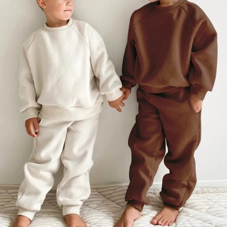 2025 Winter New Children Fleece Sports Set Boys Girls Plus Velvet Thick Sweatshirt + Sweat Pants 2pcs Suit Kids Warm Outfits