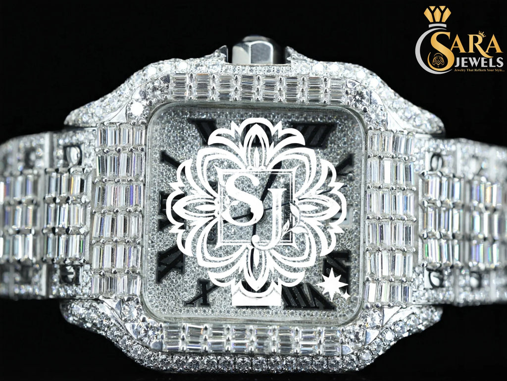 Luxo Quadrado Hip Hop Design Antigo Relógio Moldura Movimento de Quartzo Gelado VVS Clareza Moissanite Diamante Aço Inoxidável Caixa Vidro