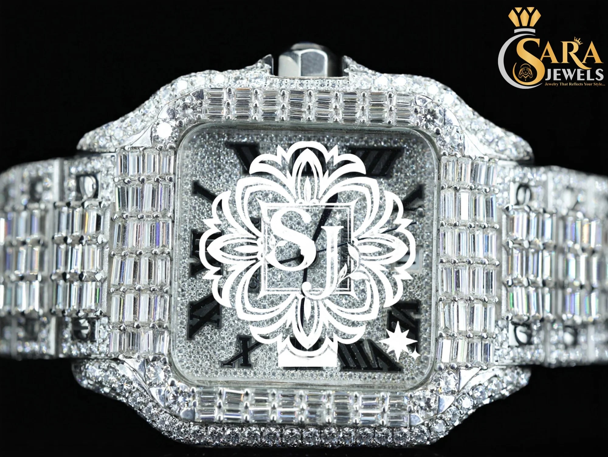 Luxo Quadrado Hip Hop Design Antigo Relógio Moldura Movimento de Quartzo Gelado VVS Clareza Moissanite Diamante Aço Inoxidável Caixa Vidro