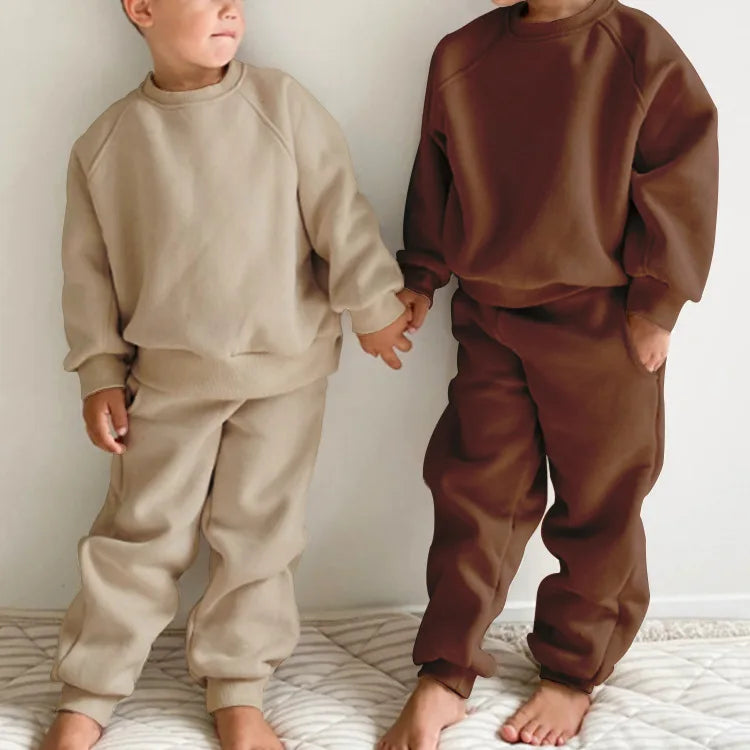2025 Winter New Children Fleece Sports Set Boys Girls Plus Velvet Thick Sweatshirt + Sweat Pants 2pcs Suit Kids Warm Outfits