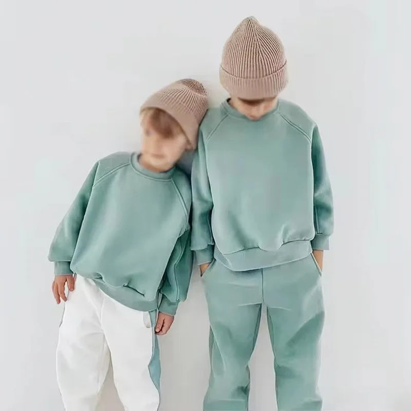 2025 Winter New Children Fleece Sports Set Boys Girls Plus Velvet Thick Sweatshirt + Sweat Pants 2pcs Suit Kids Warm Outfits
