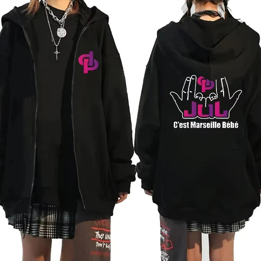 Singer Jul C'est Marseille Bébé Song Double Sided Graphic Sweatshirt Men Women Fashion Casual Zipper Coat Unisex Fleece Hoodies