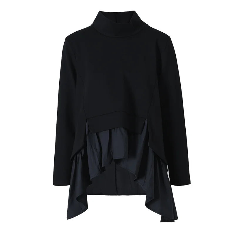 EAM Black Ruffles Irregular Sweatshirt Loose Fit New Turtleneck Long Sleeve Women Big Size Fashion Spring Autumn 2026 1A52901