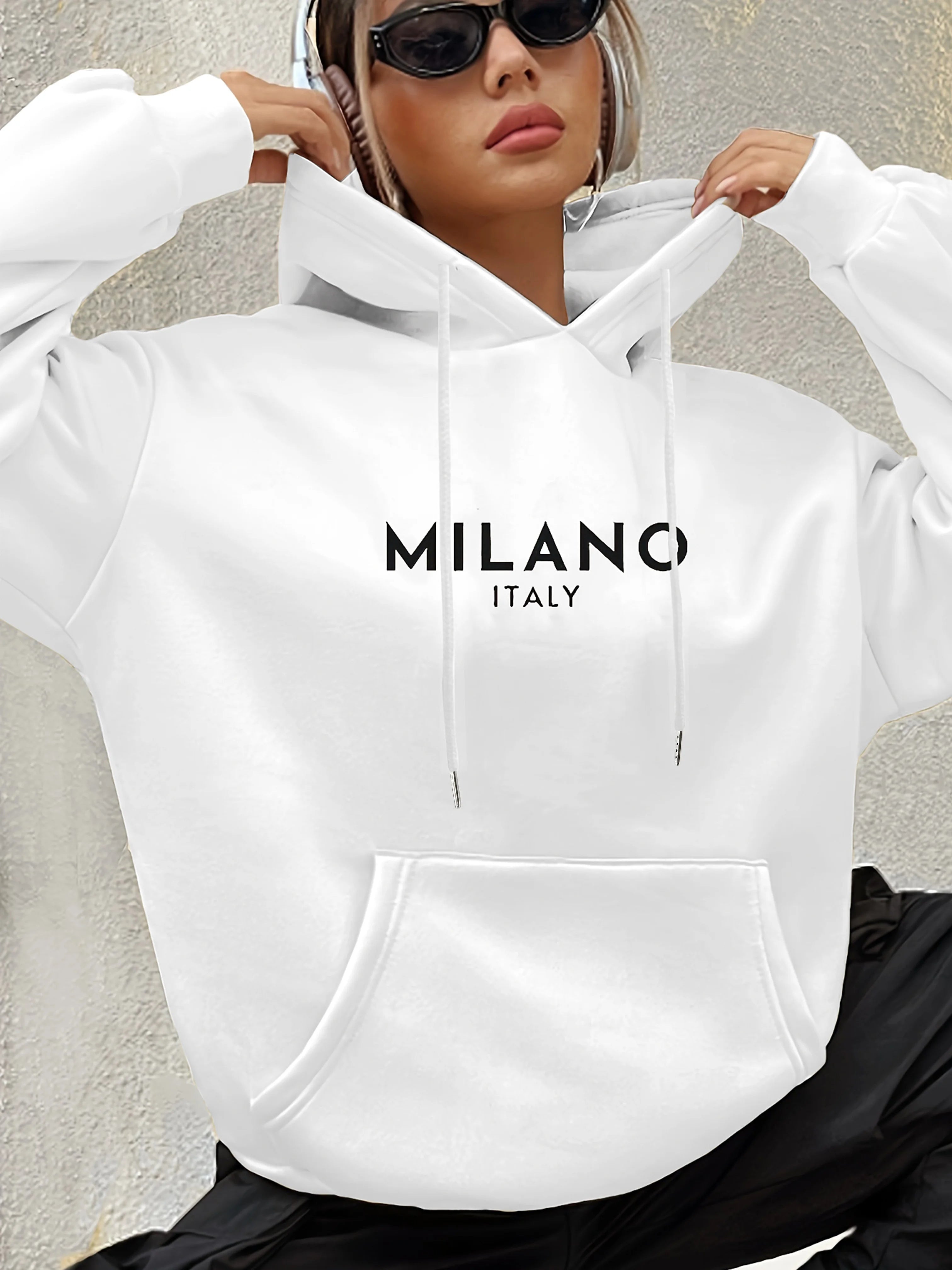 Warm Milano Italy Letter Print Hoodie Women Long Sleeve Sweatshirt with Pocket Fashionable Hooded Sweatshirts Autumn Winter
