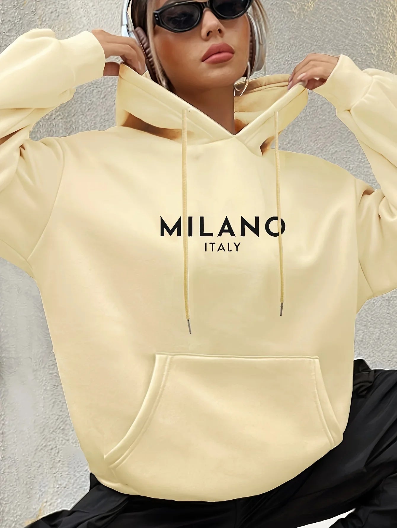 Warm Milano Italy Letter Print Hoodie Women Long Sleeve Sweatshirt with Pocket Fashionable Hooded Sweatshirts Autumn Winter