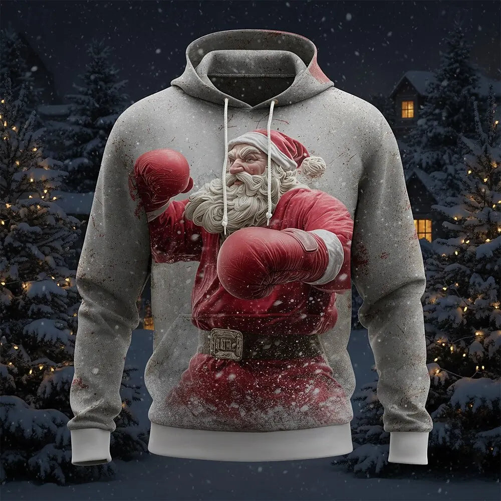 Christmas Men's Muscle Santa Claus Dark Hoodie Sweatshirt Fashion Casual Crew Neck Hooded Party Gift Drawstring Fall Winter