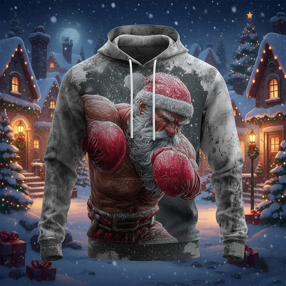 Christmas Men's Muscle Santa Claus Dark Hoodie Sweatshirt Fashion Casual Crew Neck Hooded Party Gift Drawstring Fall Winter