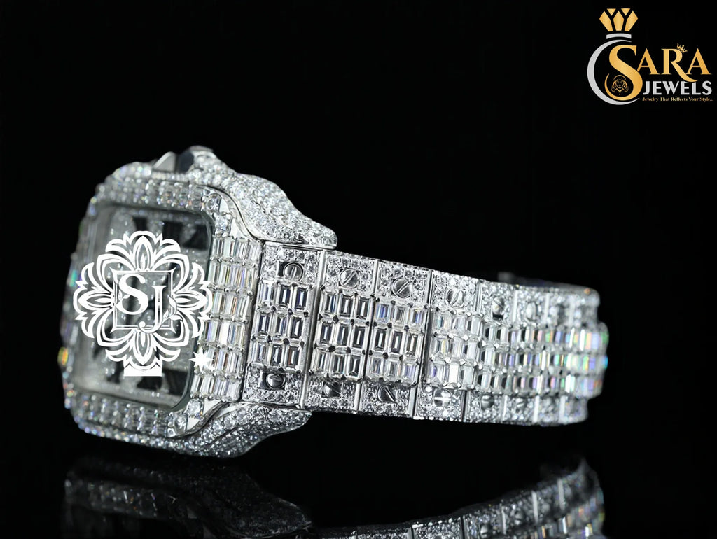 Luxo Quadrado Hip Hop Design Antigo Relógio Moldura Movimento de Quartzo Gelado VVS Clareza Moissanite Diamante Aço Inoxidável Caixa Vidro