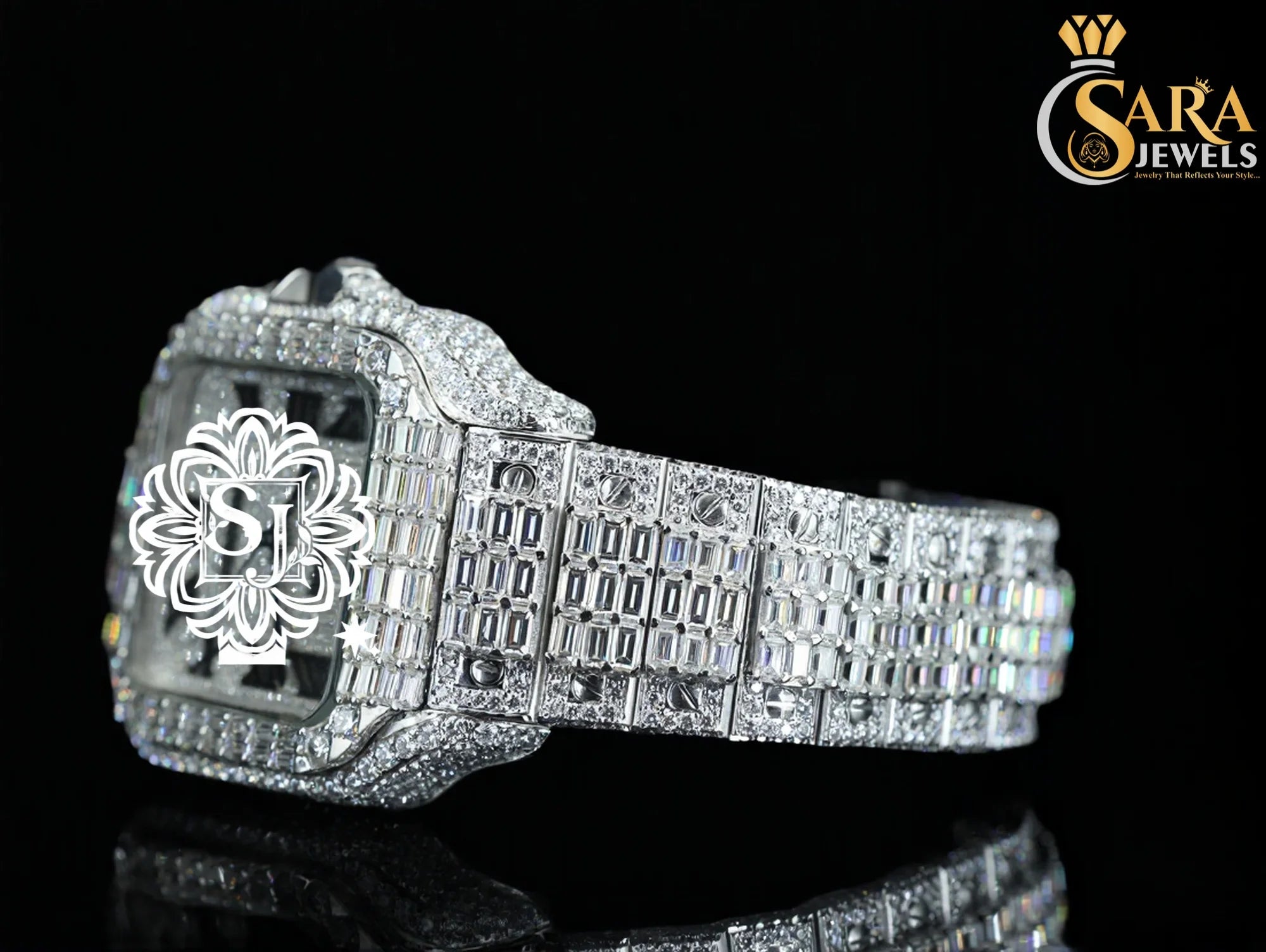 Luxo Quadrado Hip Hop Design Antigo Relógio Moldura Movimento de Quartzo Gelado VVS Clareza Moissanite Diamante Aço Inoxidável Caixa Vidro