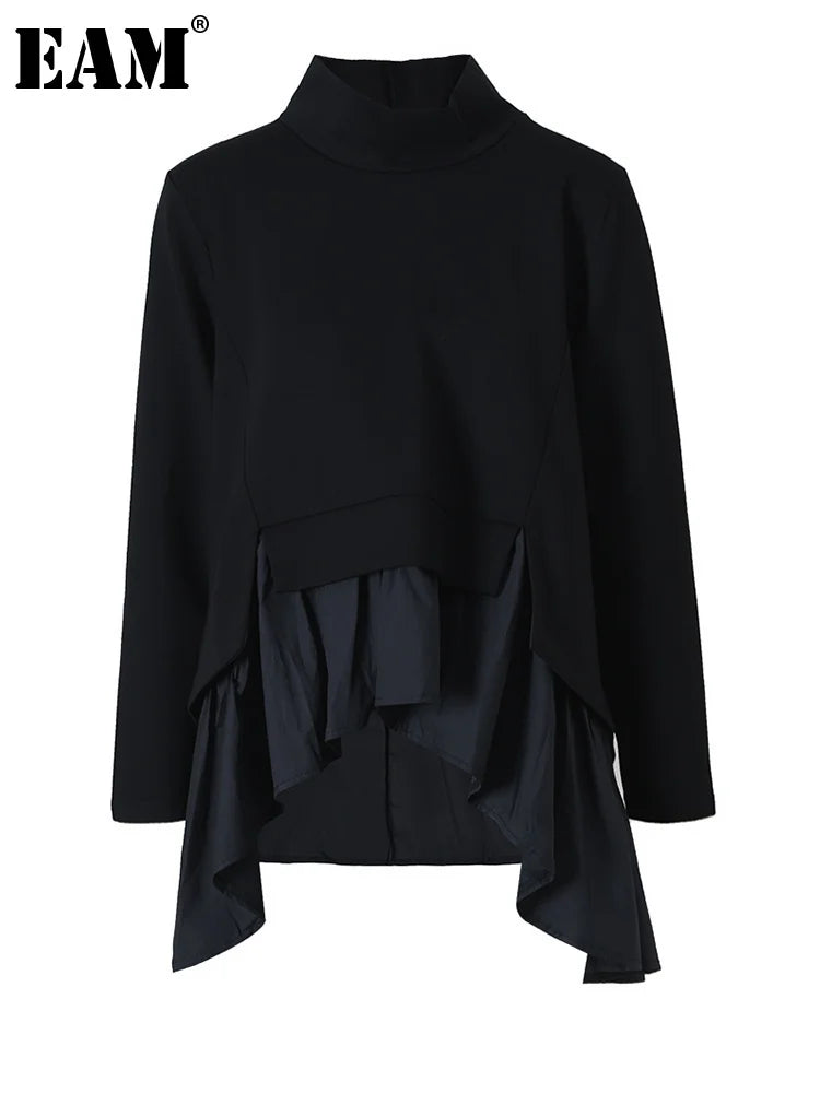 EAM Black Ruffles Irregular Sweatshirt Loose Fit New Turtleneck Long Sleeve Women Big Size Fashion Spring Autumn 2026 1A52901