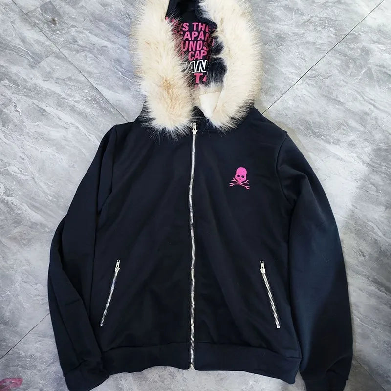 Goth  High Street Y2K Black Fur Collar Zipper Sweatshirt Hoodie Women Sweatshirt Harajuku Letter Print Slim Coat Winter Clothes