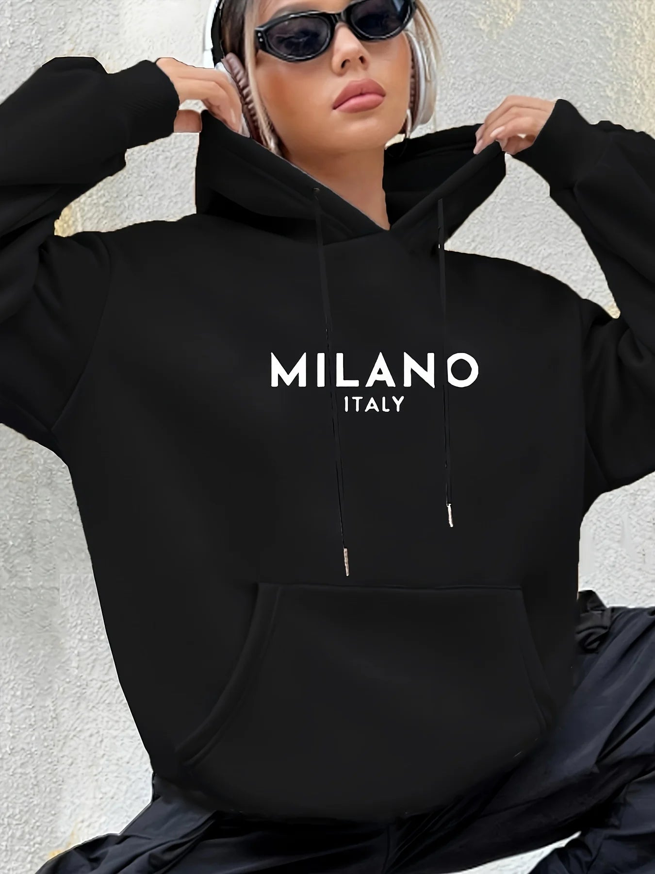Warm Milano Italy Letter Print Hoodie Women Long Sleeve Sweatshirt with Pocket Fashionable Hooded Sweatshirts Autumn Winter