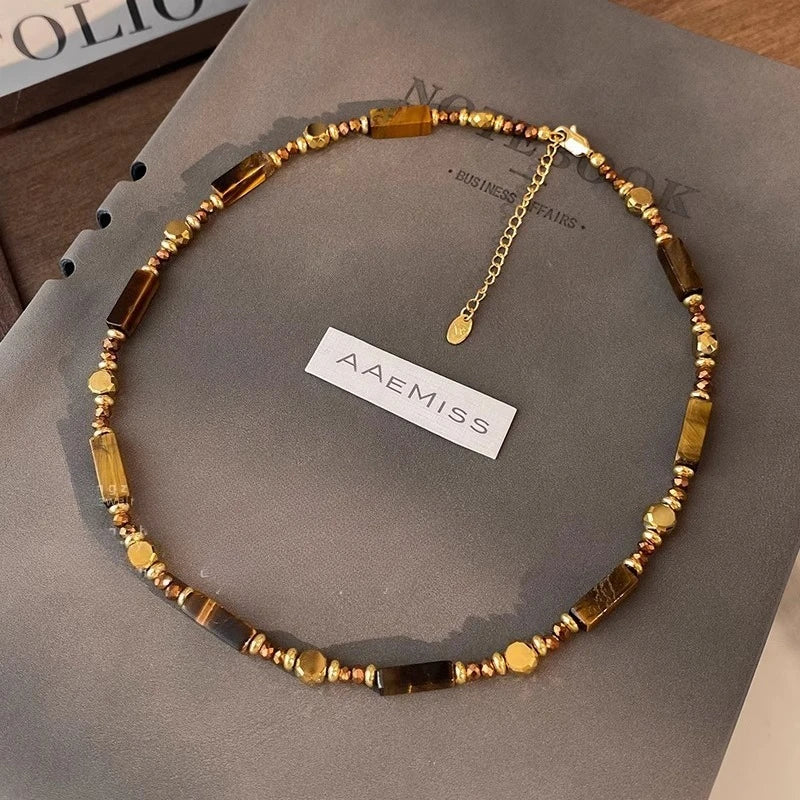 Colar Choker Olho de Tigre Camadas Retrô