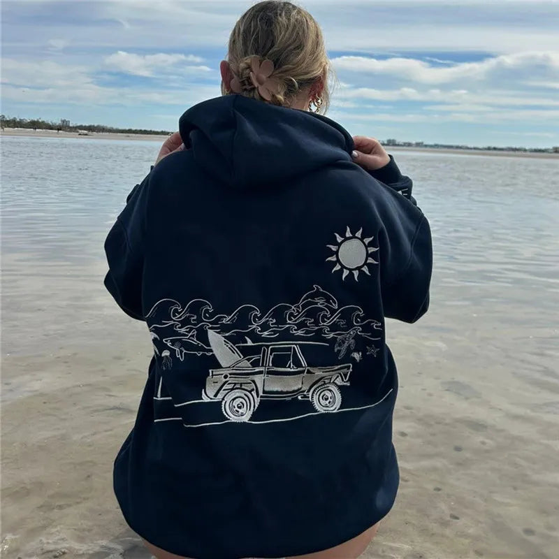 Women's Fall Winter Hoodies Stylish Sun Coral Embroidered Casual Loose Fit Long Sleeve Hooded Sweatshirt Y2K Streetwear