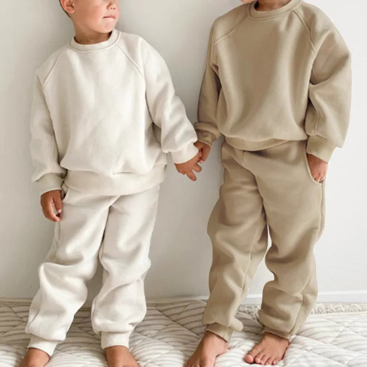 2025 Winter New Children Fleece Sports Set Boys Girls Plus Velvet Thick Sweatshirt + Sweat Pants 2pcs Suit Kids Warm Outfits