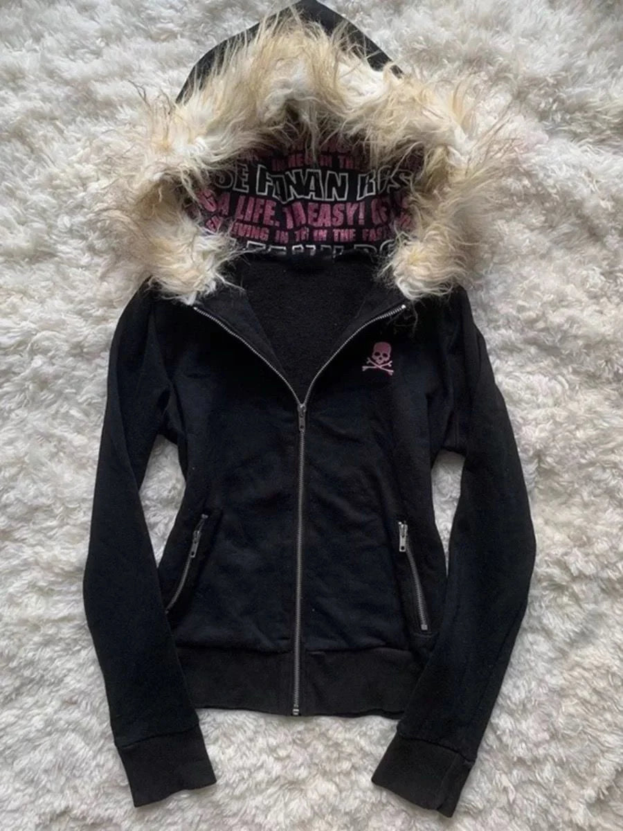Goth  High Street Y2K Black Fur Collar Zipper Sweatshirt Hoodie Women Sweatshirt Harajuku Letter Print Slim Coat Winter Clothes