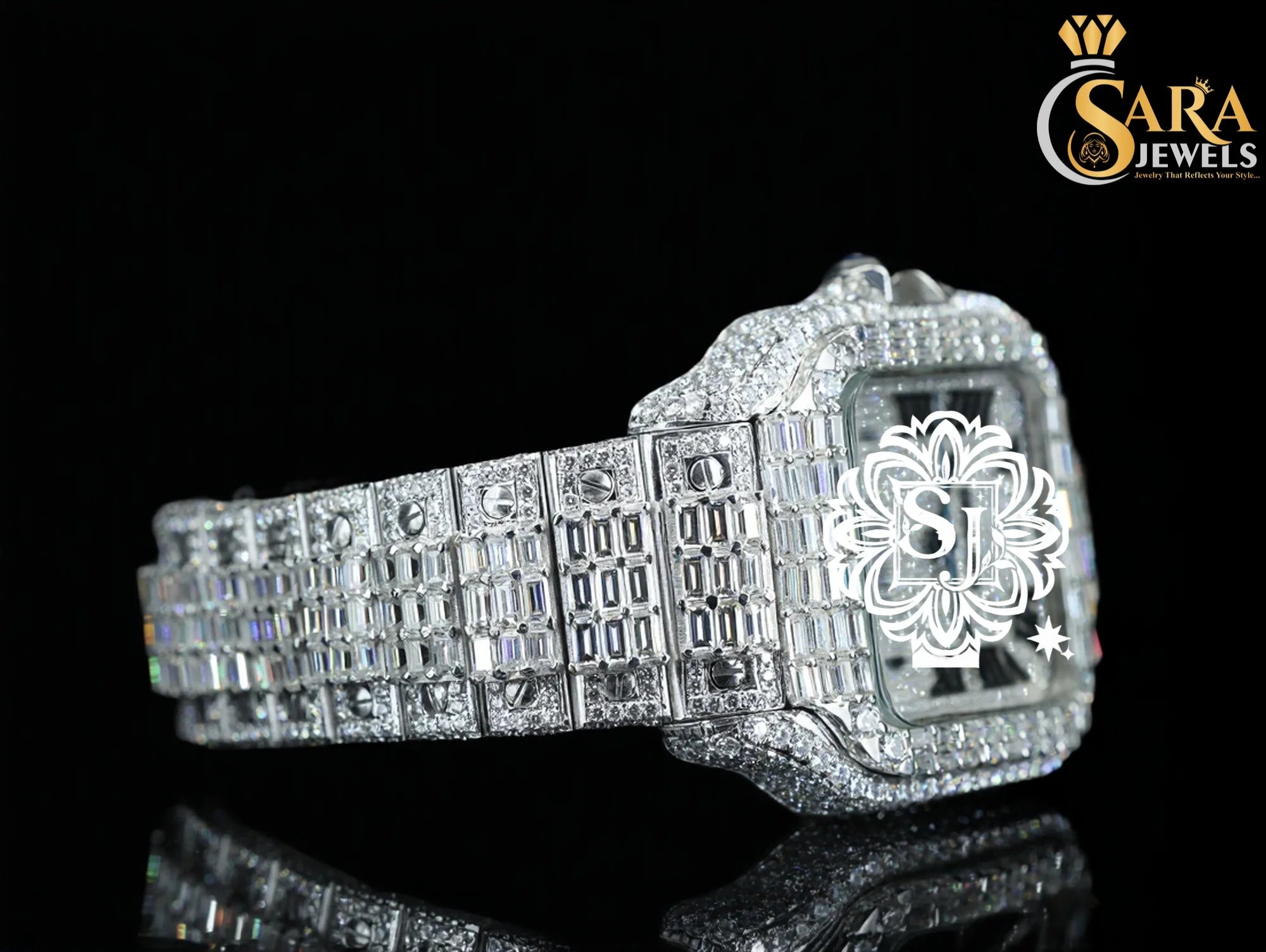 Luxo Quadrado Hip Hop Design Antigo Relógio Moldura Movimento de Quartzo Gelado VVS Clareza Moissanite Diamante Aço Inoxidável Caixa Vidro