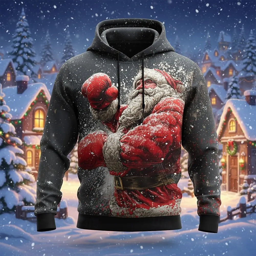 Christmas Men's Muscle Santa Claus Dark Hoodie Sweatshirt Fashion Casual Crew Neck Hooded Party Gift Drawstring Fall Winter