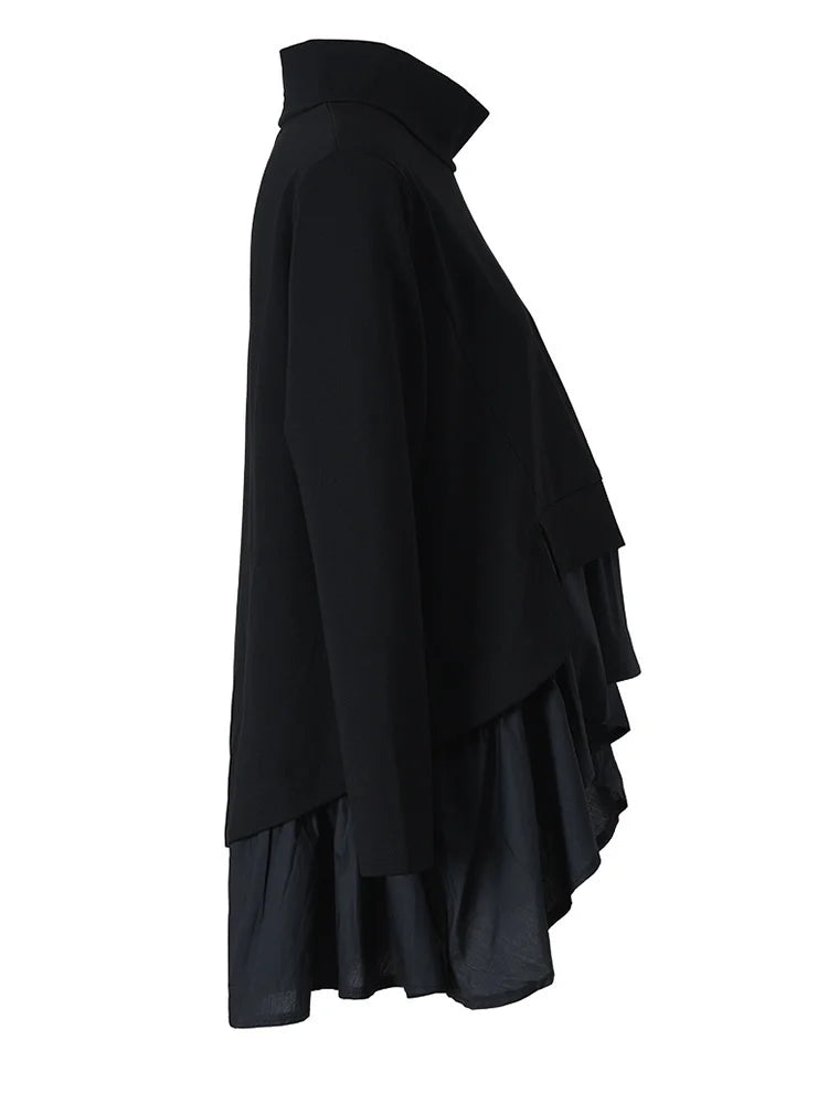 EAM Black Ruffles Irregular Sweatshirt Loose Fit New Turtleneck Long Sleeve Women Big Size Fashion Spring Autumn 2026 1A52901