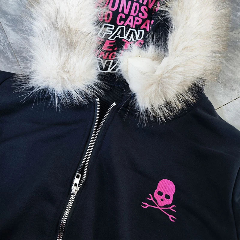 Goth  High Street Y2K Black Fur Collar Zipper Sweatshirt Hoodie Women Sweatshirt Harajuku Letter Print Slim Coat Winter Clothes