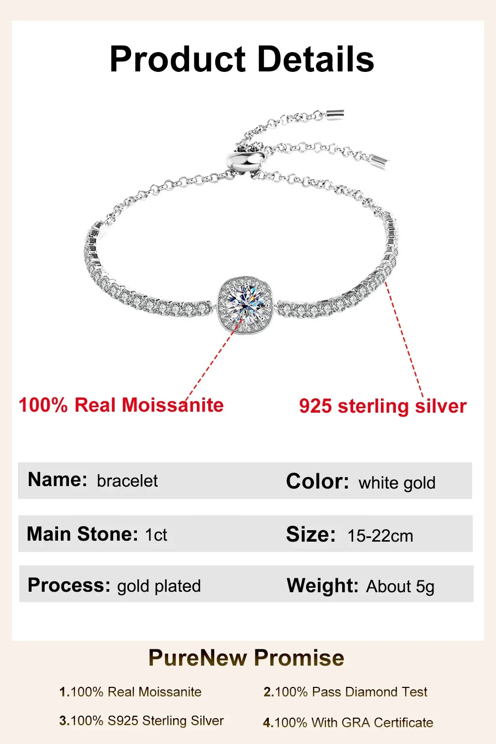Pulseira Moissanite 1ct Prata 925 Feminina
