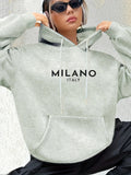 Warm Milano Italy Letter Print Hoodie Women Long Sleeve Sweatshirt with Pocket Fashionable Hooded Sweatshirts Autumn Winter
