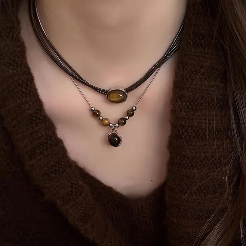 Colar Choker Olho de Tigre Camadas Retrô