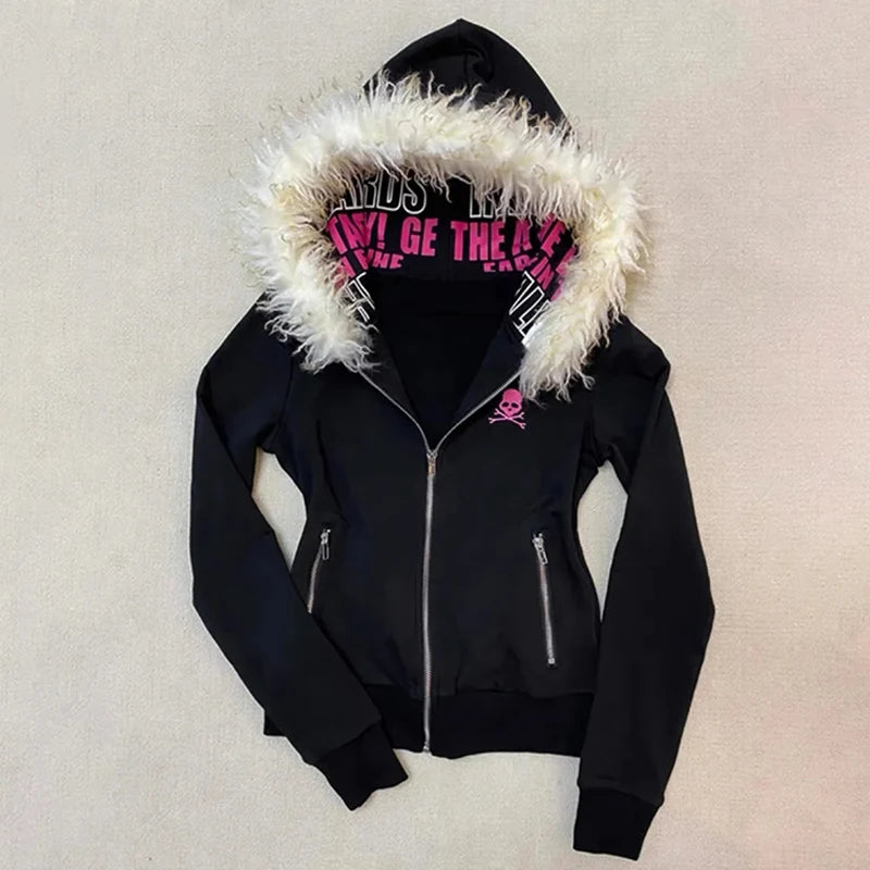 Goth  High Street Y2K Black Fur Collar Zipper Sweatshirt Hoodie Women Sweatshirt Harajuku Letter Print Slim Coat Winter Clothes