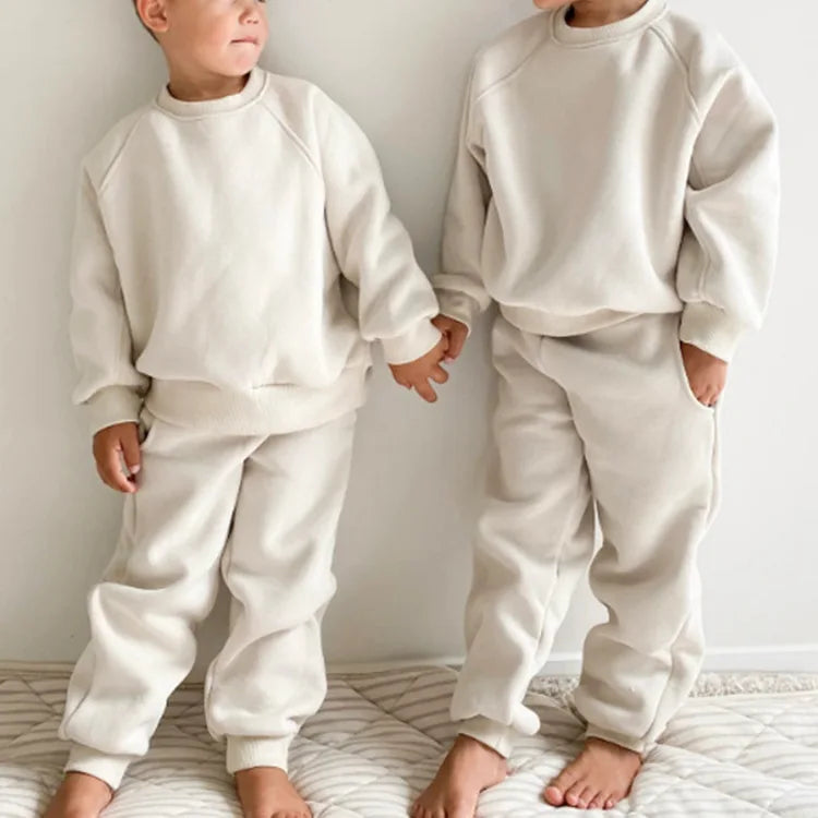 2025 Winter New Children Fleece Sports Set Boys Girls Plus Velvet Thick Sweatshirt + Sweat Pants 2pcs Suit Kids Warm Outfits