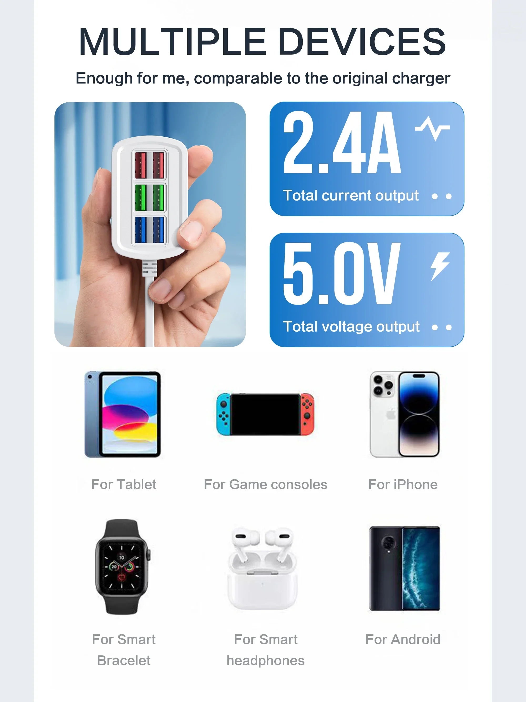 Carregador USB Rápido 6 em 1 com Cabo 1m